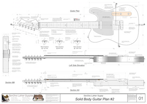 Solid Body Electric Guitar Plan #2 Guitar top view, side view, lateral & longitudinal sections