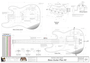 Solid Body Electric Bass Guitar Plan #2 guitar top view, cutting template, neck sections, wiring diagram, fret spacing table