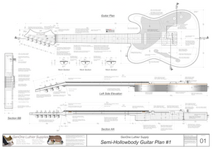 Hollow Body Electric Guitar Plan #1 Guitar top view, side view, lateral & longitudinal sections