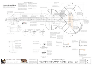 Grand Concert 12 Fret Florentine Guitar Plans Top View, Neck Sections & Purfling Details