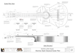 Classical Guitar Plans Ramirez Bracing Top View, Neck Sections & Purfling Details