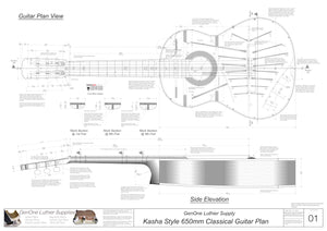 Classical Guitar Plans - Kasha Bracing 650mm  Top View, Neck Sections & Purfling Details