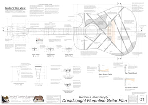 Dreadnought Florentine Guitar Plans Top View, Neck Sections & Purfling Details