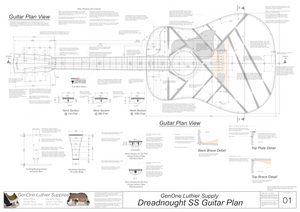 Dreadnought SS Guitar Plans Top View, Neck Sections & Purfling Details