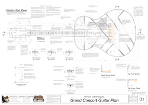Grand Concert Guitar Plans Top View, Neck Sections & Purfling Details
