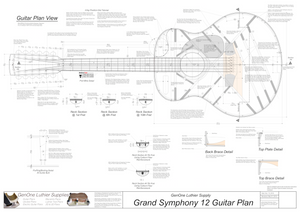 Grand Symphony 12-String Guitar Plan Top View, Neck Sections & Purfling Details