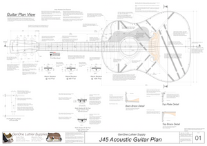 J45 Guitar Plans Top View, Neck Sections & Purfling Details
