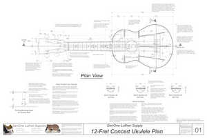 Concert 12 Ukulele Plans Top View, Neck Sections & Purfling Details