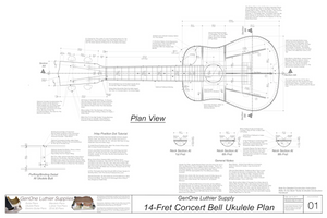 Concert 14 Bell Ukulele Plans Top View, Neck Sections & Purfling Details