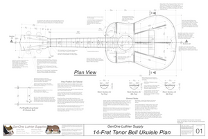 Tenor 14 Bell Shaped Ukulele Plans Top View, Neck Sections & Purfling Details