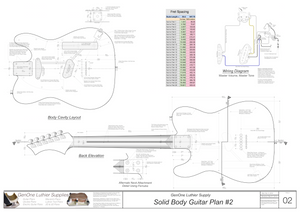Solid Body Electric Guitar Plan #2 Guitar back, cutting template, wiring diagram, fret spacing table