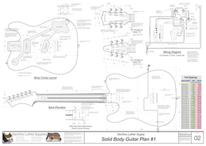 Solid Body Electric Guitar Plan #1 Guitar Back, Cutting Template & Wiring Diagram
