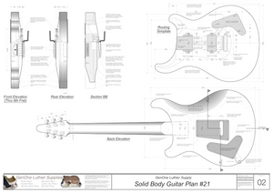 Solid Body Electric Guitar Plan #21, back view, front & back view, cutting template, wiring diagram