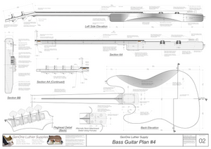 Solid Body Electric Bass Guitar Plan #4 guitar back & side view, latteral & longitudinal section