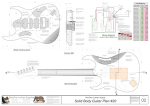Solid Body Electric Guitar Plan #20 guitar back view, cutting template, lateral section, wiring diagram, fret spacing table