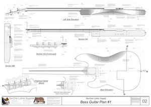 Solid Body Electric Bass Guitar Plan #1 guitar back & side view, latteral & longitudinal section