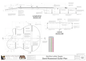 Electric Nylon Guitar Plans - Sand Rosewood, Lateral & Longitudinal Sections, Back Layout, Fret Spacing Tables