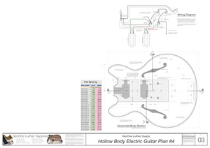 Hollow Body Electric Guitar Plan #4 horizontal body section, wiring diagram, fret layout table