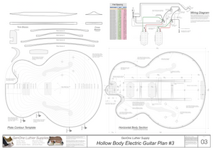 Hollow Body Electric Guitar Plan #3 Horizontal section, wiring diagram, plate sections, fret table