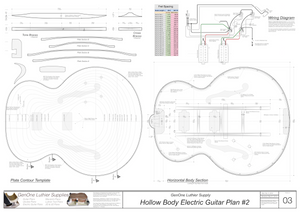 Hollow Body Electric Guitar Plan #2 Horizontal section, wiring diagram, plate sections, fret table