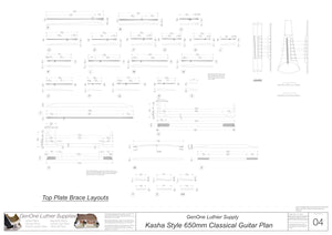 Classical Guitar Plans - Kasha Bracing 650mm Top Brace Layouts