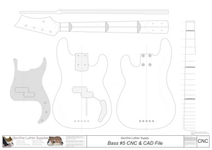 Solid Body Electric Bass Guitar Plan #3 guitar top view, cutting template, neck sections, wiring diagram, fret spacing table