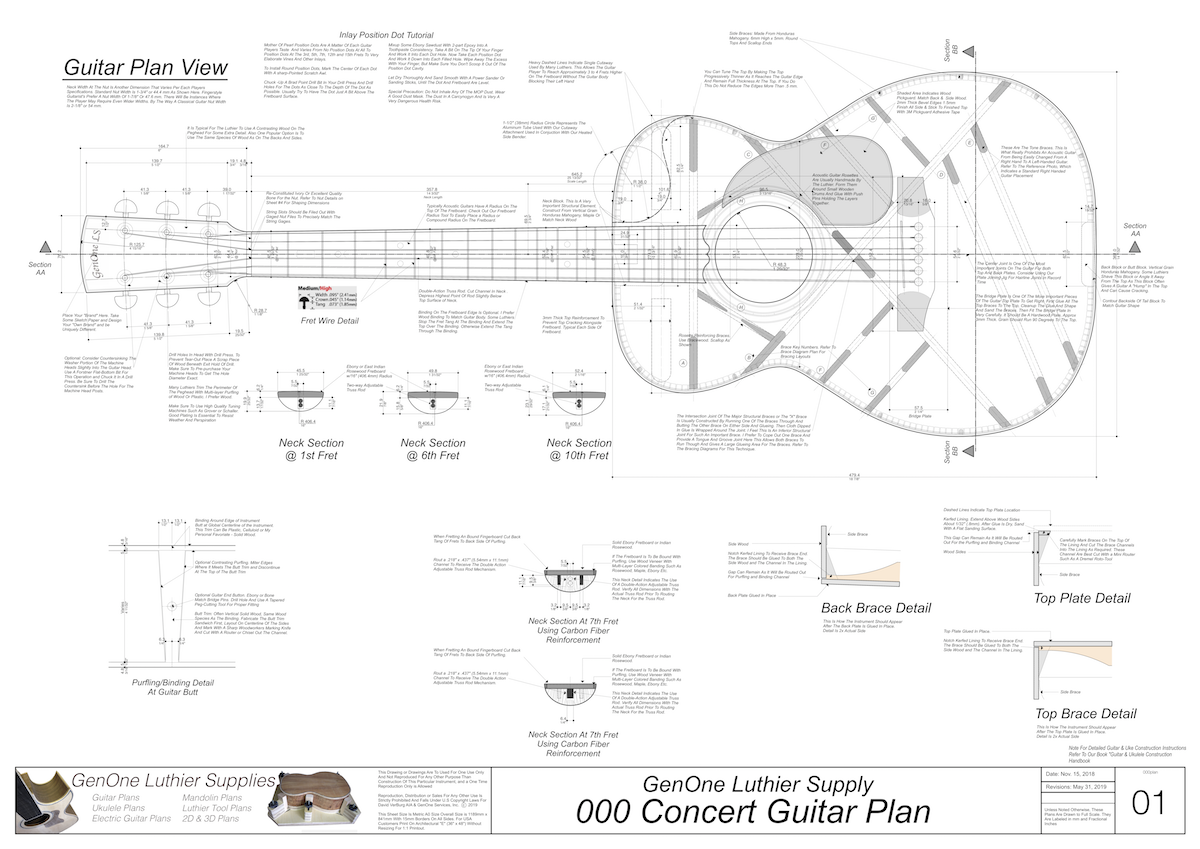 000 Guitar Plans Top View, Neck Sections & Purfling Details