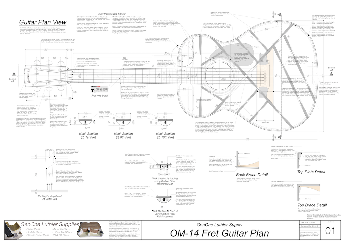 OM-14 Fret Guitar Plans Top View, Neck Sections & Purfling Details