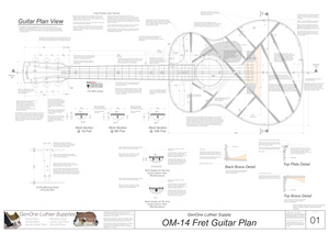 OM-14 Fret Guitar Plans Top View, Neck Sections & Purfling Details
