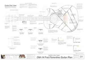OM 14-Fret Florentine Guitar Plans Top View, Neck Sections & Purfling Details
