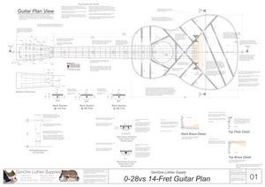 0-28vs 14-Fret Guitar Plans Top View, Neck Sections & Purfling Details