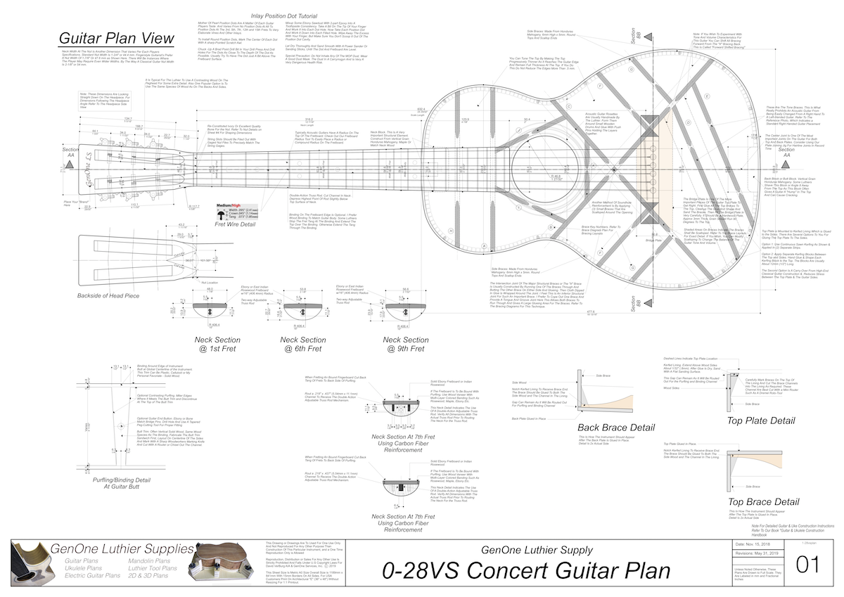 0-28vs Guitar Plans Top View, Neck Sections & Purfling Details