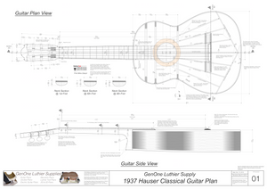 1937 Hermann Hauser Guitar Plans Top View, Neck Sections & Purfling Details