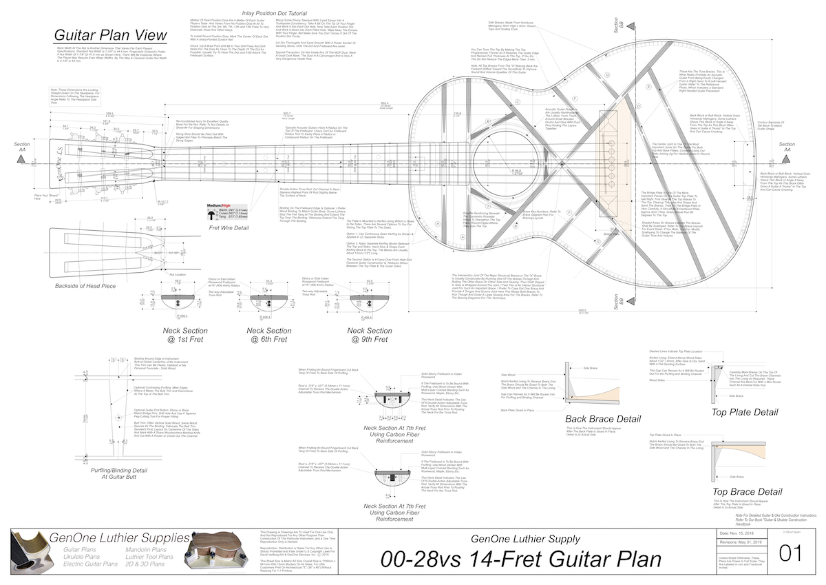 00-28vs 14-Fret Guitar Plans Top View, Neck Sections & Purfling Details