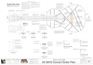 00-28vs Guitar Plans Top View, Neck Sections & Purfling Details