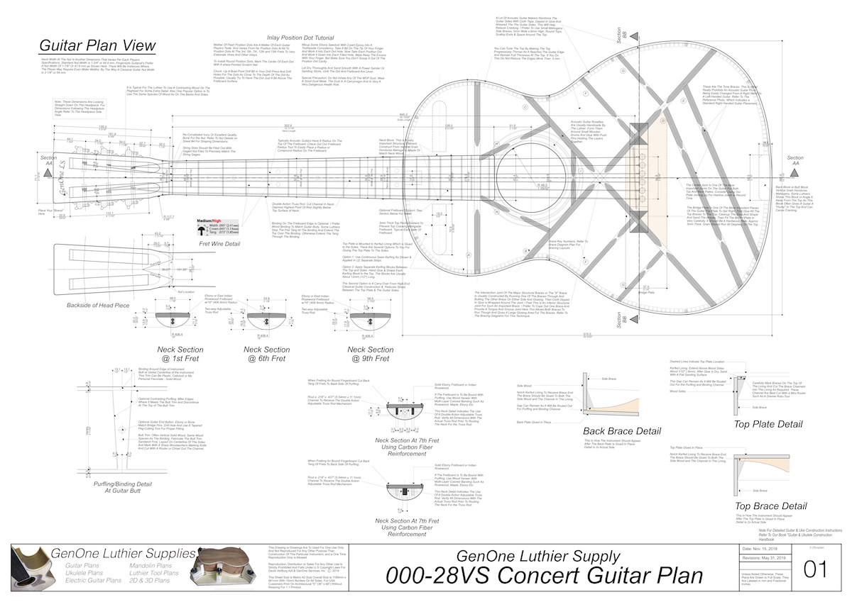 000-28vs Guitar Plans Top View, Neck Sections & Purfling Details