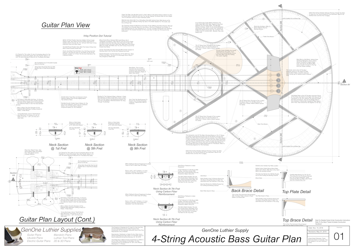 4-String Acoustic Bass Guitar Plans guitar top view, neck sections, details