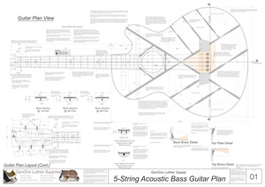 5-String Acoustic Bass Guitar Plans guitar top view, neck sections, details