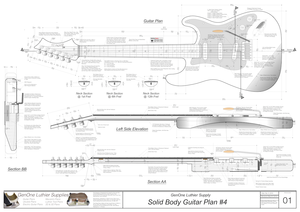 Solid Body Electric Guitar Plan #4 Guitar Top & Side View, Section