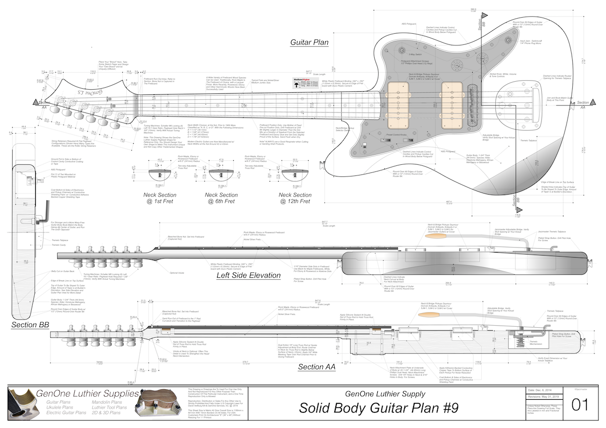 Solid Body Electric Guitar Plan #9 Guitar Top & Side View, Section