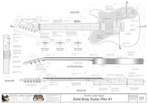 Solid Body Electric Guitar Plan #1 Guitar Top & Side View, Section