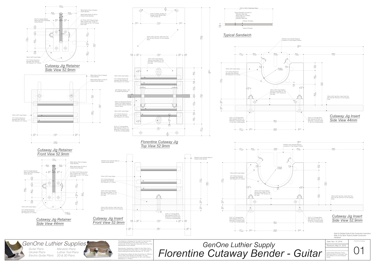 Florentine Cutaway Bender - Guitar: Detailed Noted and Dimensioned drawings for each size bender