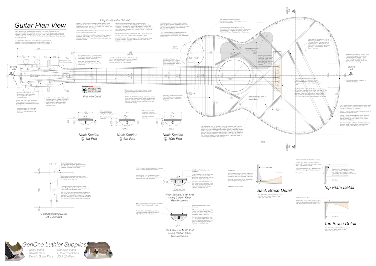 Gibson L-00 Guitar Plans Top View, Neck Sections & Purfling Details