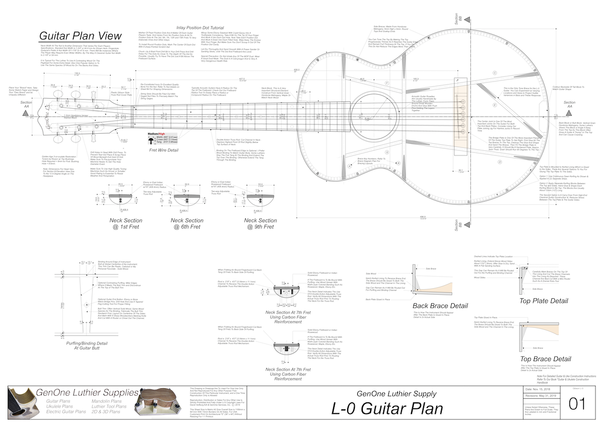 Gibson L-0 Guitar Plans Top View, Neck Sections & Purfling Details
