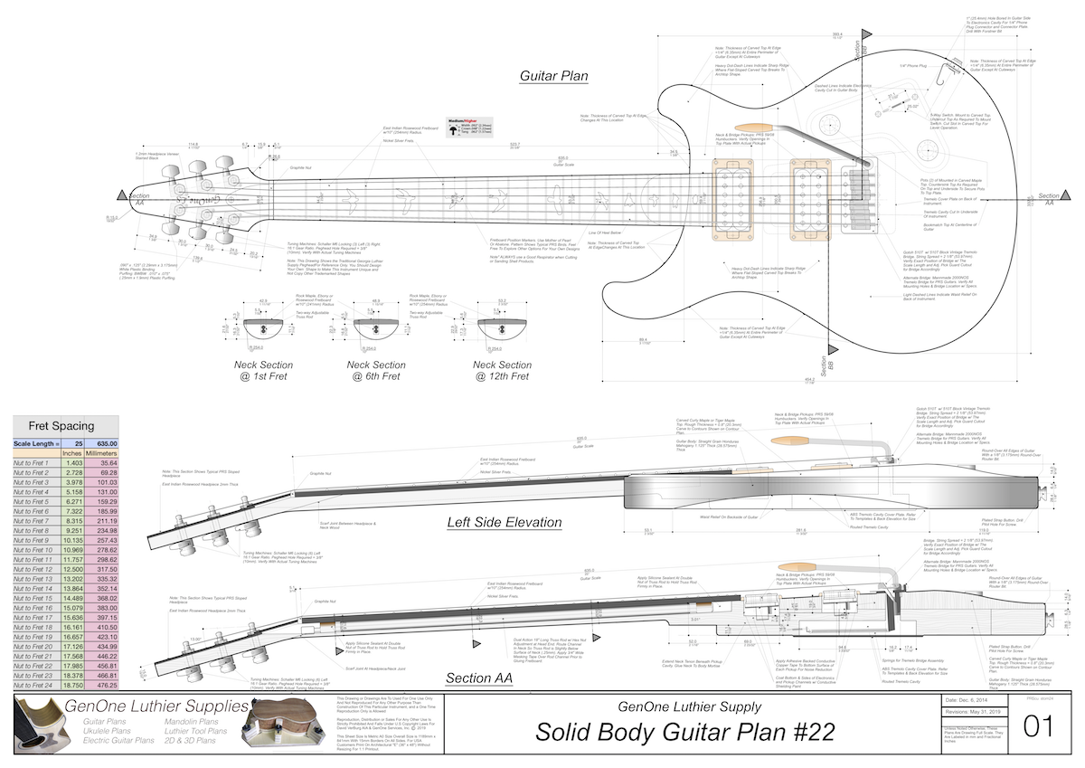 PRS Custom 24 Top & Side Views, Section