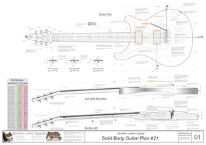 Solid Body Electric Guitar Plan #21, guitar top view, side view, longitudinal section, fret spacing table