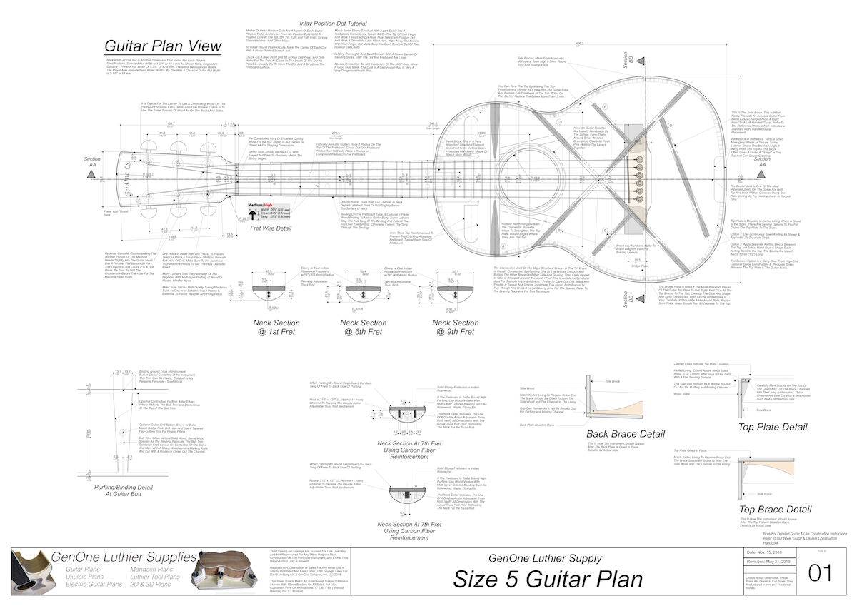 Size 5 Guitar Plans Top View, Neck Sections & Purfling Details
