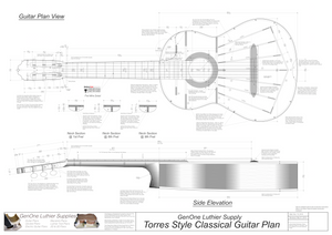 Classical Guitar Plans - Torres Bracing Top View, Neck Sections & Purfling Details