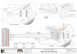 Solid Body Electric Bass Guitar Plan #5 Guitar top view, routing template, fret spacing template, wiring diagram