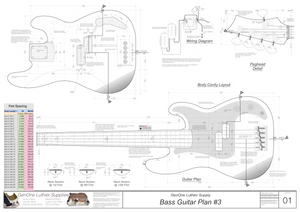 Solid Body Electric Bass Guitar Plan #2 guitar top view, cutting template, neck sections, wiring diagram, fret spacing table